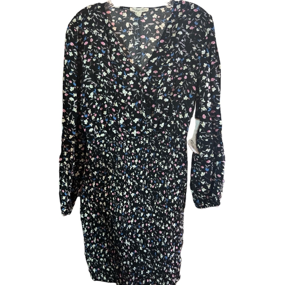 Indigo Blue NWT black mini dress with pink and blue flowers. Size large